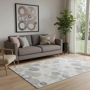 HomeRoots 8' Stylish Taupe Gray & Ivory Geometric Washable Round Rug with UV Protection for High-Traffic Areas 707344