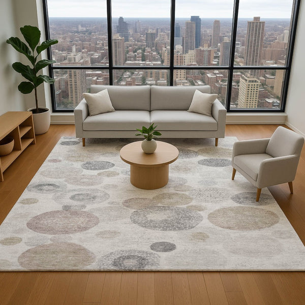 HomeRoots 8' Stylish Taupe Gray & Ivory Geometric Washable Round Rug with UV Protection for High-Traffic Areas 707344