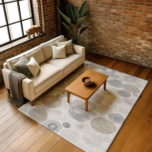HomeRoots 8' Stylish Taupe Gray & Ivory Geometric Washable Round Rug with UV Protection for High-Traffic Areas 707344