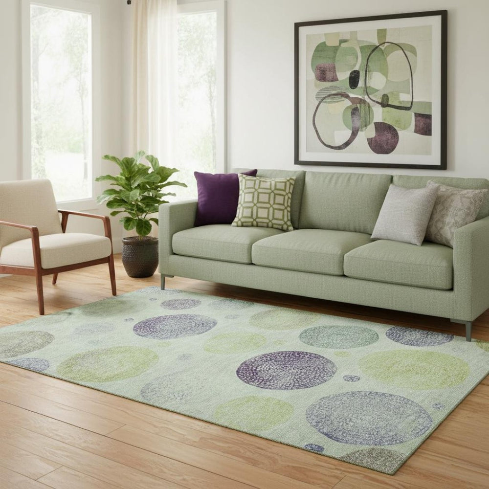 HomeRoots 8' Artichoke Green & Purple Geometric Washable Round Rug - UV Protected, Durable & Stylish Design 707350