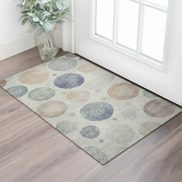 HomeRoots 5' X 8' Stylish Beige and Blue Geometric Area Rug - Washable, UV Protected, Family-Friendly Design 707355