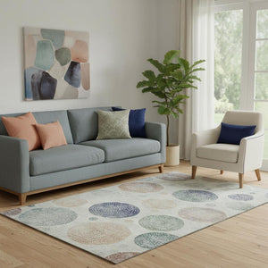 HomeRoots 8' Beige and Blue Geometric Round Rug - Washable, UV-Protected, Durable Design for Modern Spaces 707356