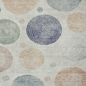 HomeRoots 8' Beige and Blue Geometric Round Rug - Washable, UV-Protected, Durable Design for Modern Spaces 707356