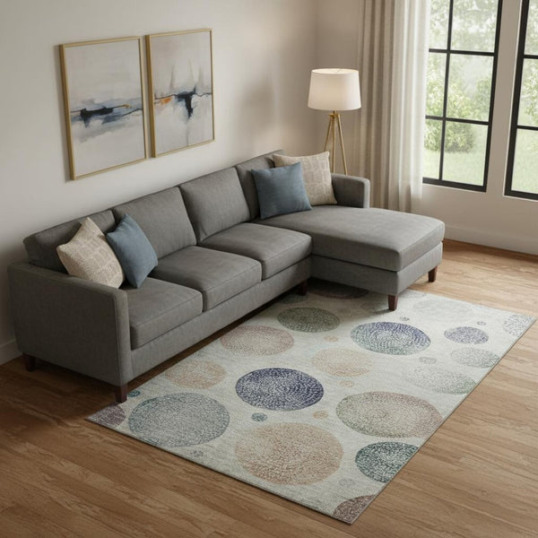 HomeRoots 10' X 14' Beige and Blue Geometric Area Rug - Washable, UV Protected for High-Traffic Spaces 707359