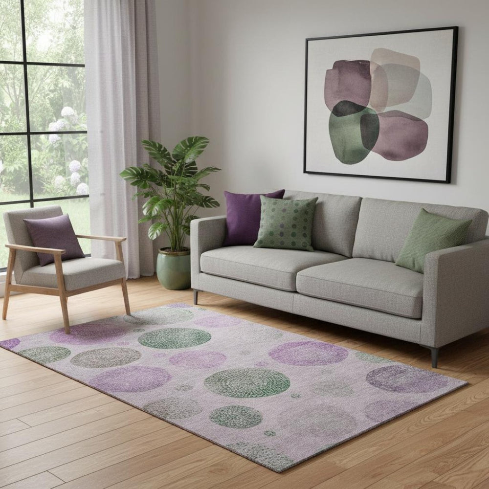 HomeRoots 8' Blush Green & Pink Geometric Round Rug – Washable, UV Protected, Perfect for Busy Homes & Families 707362