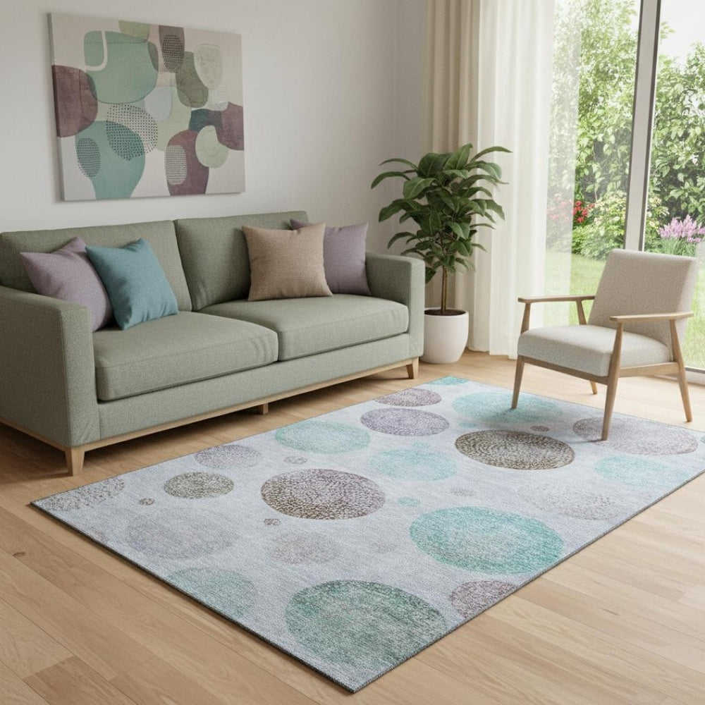 HomeRoots 8' Stylish Geometric Washable Round Rug in Blue, Brown & Teal with UV Protection for High Traffic Areas 707368