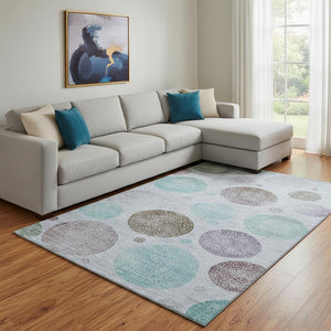 HomeRoots 9' X 12' Modern Geometric Washable Area Rug in Blue, Brown & Teal - UV Resistant & Easy Care! 707370