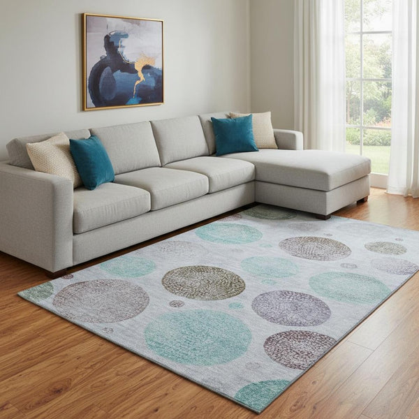 HomeRoots 9' X 12' Modern Geometric Washable Area Rug in Blue, Brown & Teal - UV Resistant & Easy Care! 707370