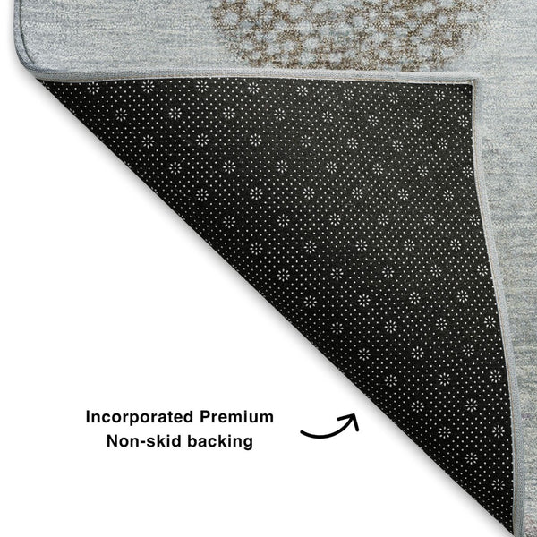HomeRoots 9' X 12' Modern Geometric Washable Area Rug in Blue, Brown & Teal - UV Resistant & Easy Care! 707370