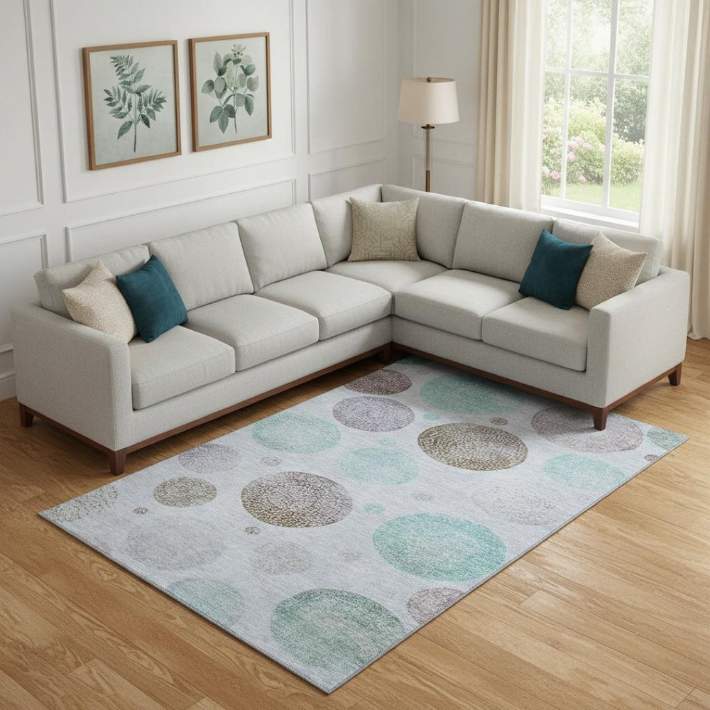 HomeRoots 10' X 14' Washable Geometric Area Rug in Blue, Brown, and Teal – UV Protected, Pet Friendly Style! 707371