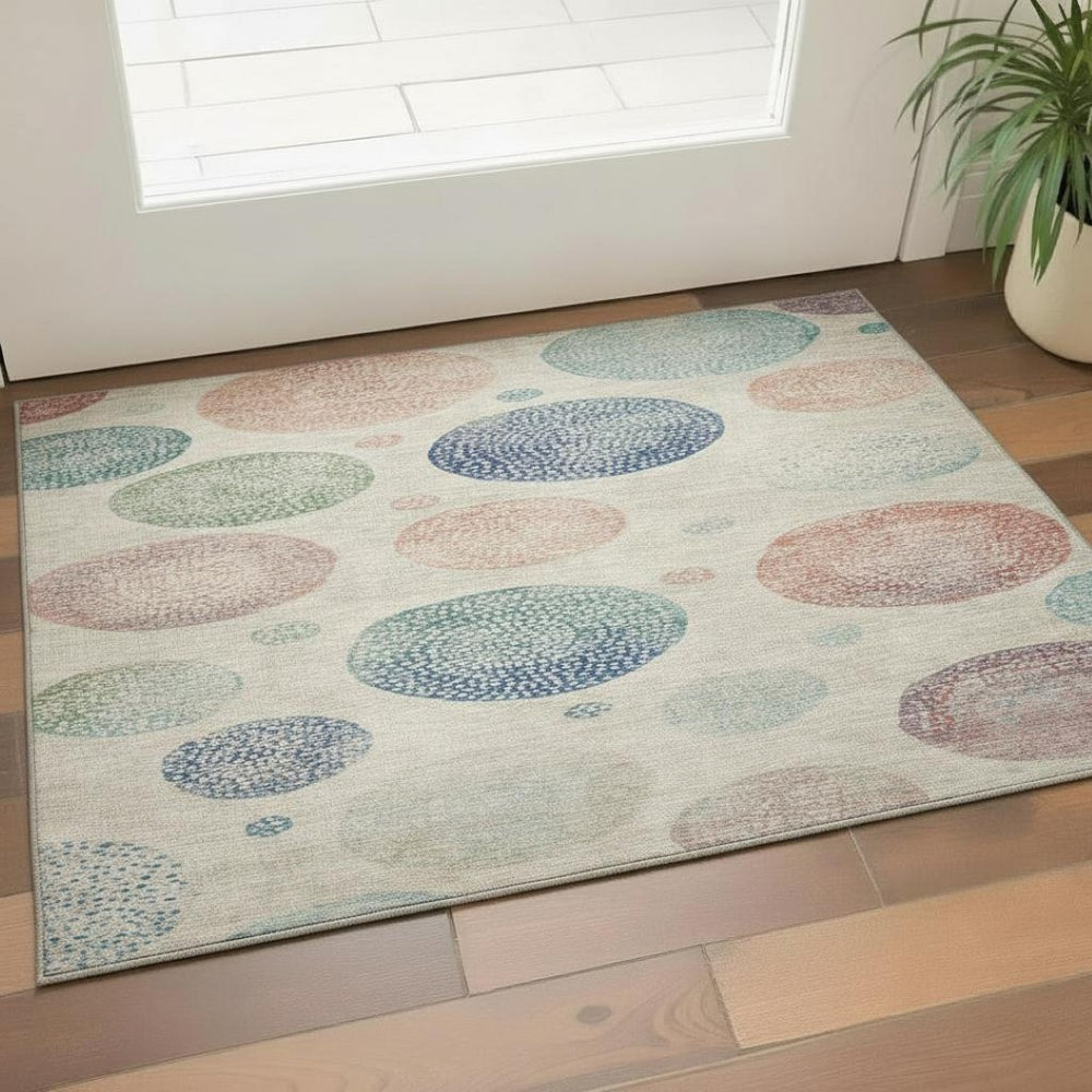 HomeRoots 5' X 8' Geometric Washable Area Rug in Ivory, Blue & Peach - UV Protection, Non-Slip, Durable Design 707373