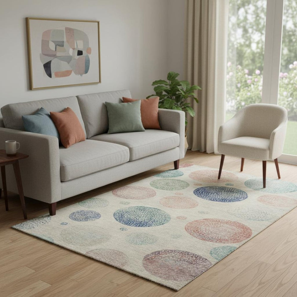 HomeRoots 8' Stylish Washable Round Rug in Ivory, Blue & Peach - Durable, Stain-Resistant, UV Protected Design 707374