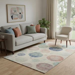 HomeRoots 8' Stylish Washable Round Rug in Ivory, Blue & Peach - Durable, Stain-Resistant, UV Protected Design 707374