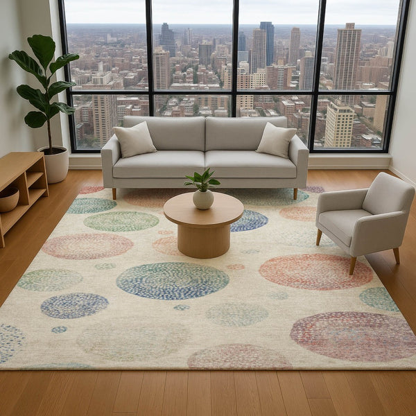 HomeRoots 8' Stylish Washable Round Rug in Ivory, Blue & Peach - Durable, Stain-Resistant, UV Protected Design 707374