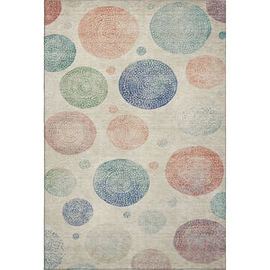 HomeRoots 8' Stylish Washable Round Rug in Ivory, Blue & Peach - Durable, Stain-Resistant, UV Protected Design 707374