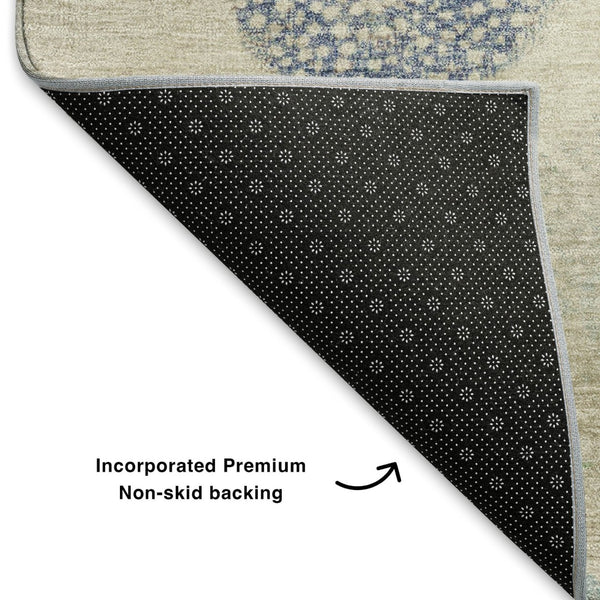 HomeRoots 8' Stylish Washable Round Rug in Ivory, Blue & Peach - Durable, Stain-Resistant, UV Protected Design 707374