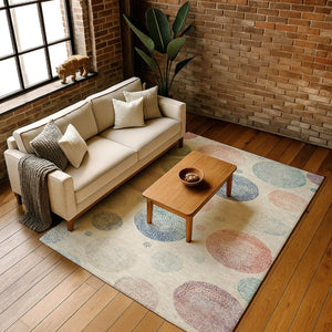 HomeRoots 8' Stylish Washable Round Rug in Ivory, Blue & Peach - Durable, Stain-Resistant, UV Protected Design 707374