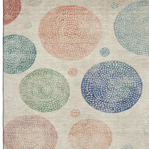 HomeRoots 8' Stylish Washable Round Rug in Ivory, Blue & Peach - Durable, Stain-Resistant, UV Protected Design 707374
