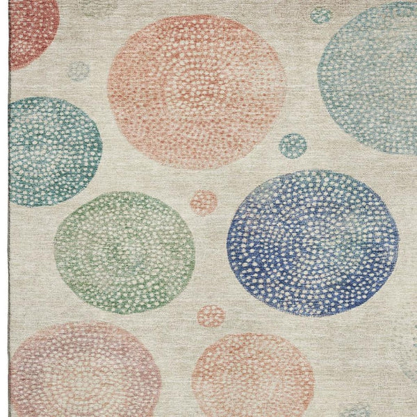HomeRoots 8' Stylish Washable Round Rug in Ivory, Blue & Peach - Durable, Stain-Resistant, UV Protected Design 707374