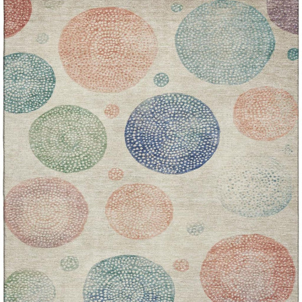 HomeRoots 8' Stylish Washable Round Rug in Ivory, Blue & Peach - Durable, Stain-Resistant, UV Protected Design 707374