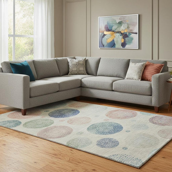 HomeRoots 9' X 12' Stylish Ivory Blue Peach Geometric Area Rug - Washable, UV Protected & Non-Slip Design 707376