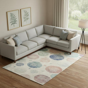 HomeRoots 10' X 14' Washable Ivory Blue Peach Geometric Area Rug with UV Protection for Modern Interiors 707377