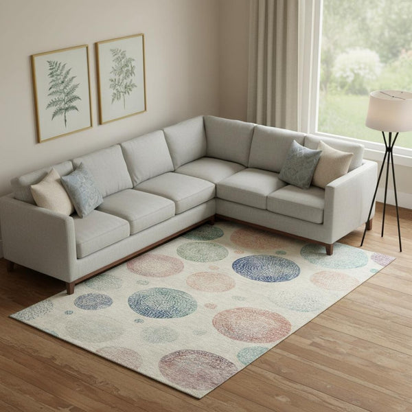 HomeRoots 10' X 14' Washable Ivory Blue Peach Geometric Area Rug with UV Protection for Modern Interiors 707377