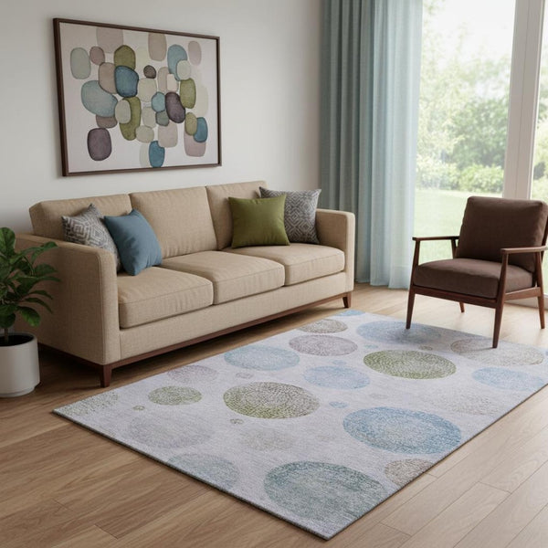 HomeRoots 8' Stylish Geometric Washable Round Rug in Lavender Blue & Brown – UV Protection & Easy Care! 707380