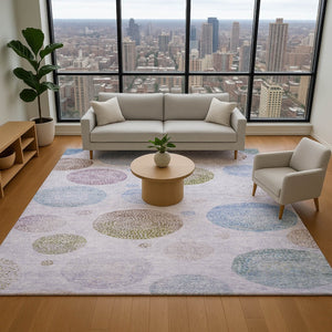 HomeRoots 8' Stylish Geometric Washable Round Rug in Lavender Blue & Brown – UV Protection & Easy Care! 707380