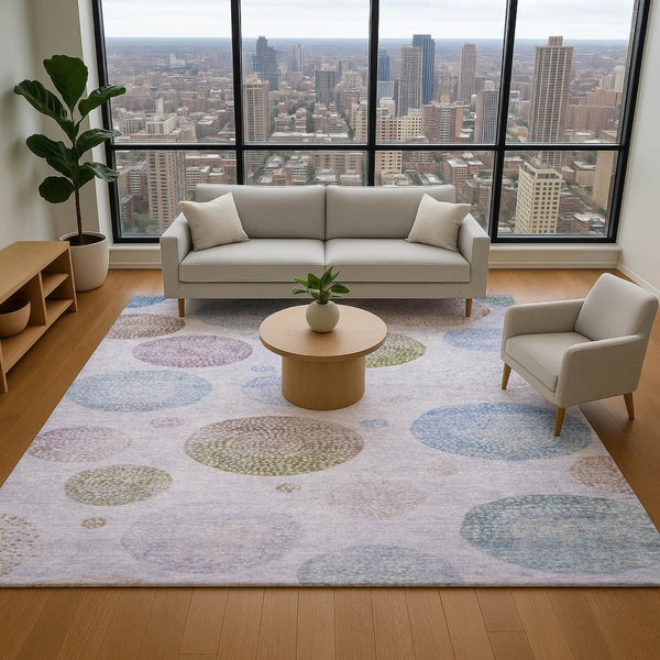HomeRoots 8' Stylish Geometric Washable Round Rug in Lavender Blue & Brown – UV Protection & Easy Care! 707380