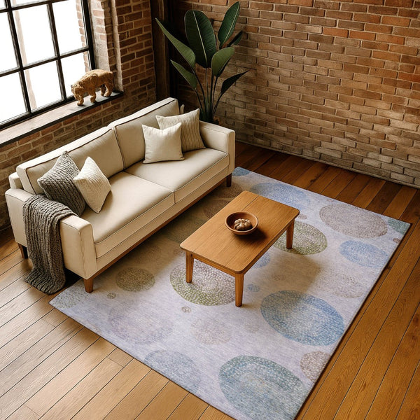 HomeRoots 8' Stylish Geometric Washable Round Rug in Lavender Blue & Brown – UV Protection & Easy Care! 707380