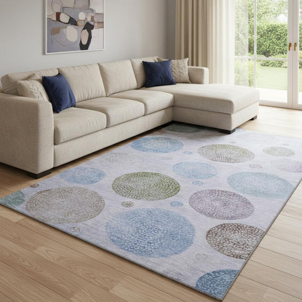 HomeRoots 9' X 12' Geometric Lavender Blue & Brown Washable Area Rug with UV Protection for High-Traffic Homes 707382