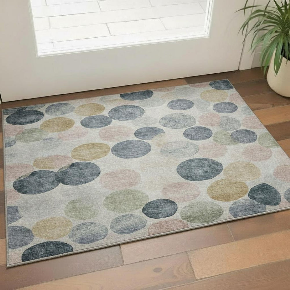 HomeRoots 5' X 8' Washable Beige Blue Geometric Area Rug with UV Protection - Stain Resistant & Durable Design 707385