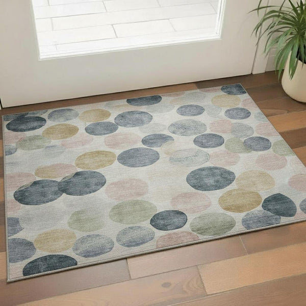 HomeRoots 5' X 8' Washable Beige Blue Geometric Area Rug with UV Protection - Stain Resistant & Durable Design 707385