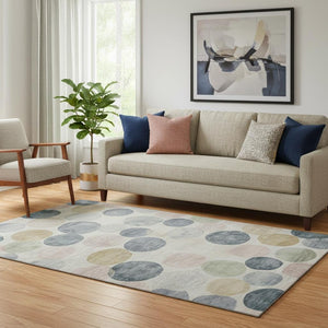 HomeRoots 8' Washable Geometric Round Rug in Beige, Blue & Wheat – Durable, UV-Protected & Soft Underfoot 707386