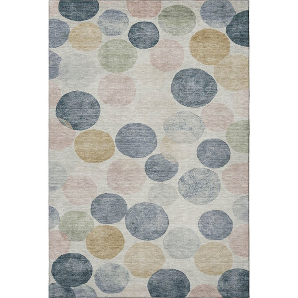 HomeRoots 8' Washable Geometric Round Rug in Beige, Blue & Wheat – Durable, UV-Protected & Soft Underfoot 707386