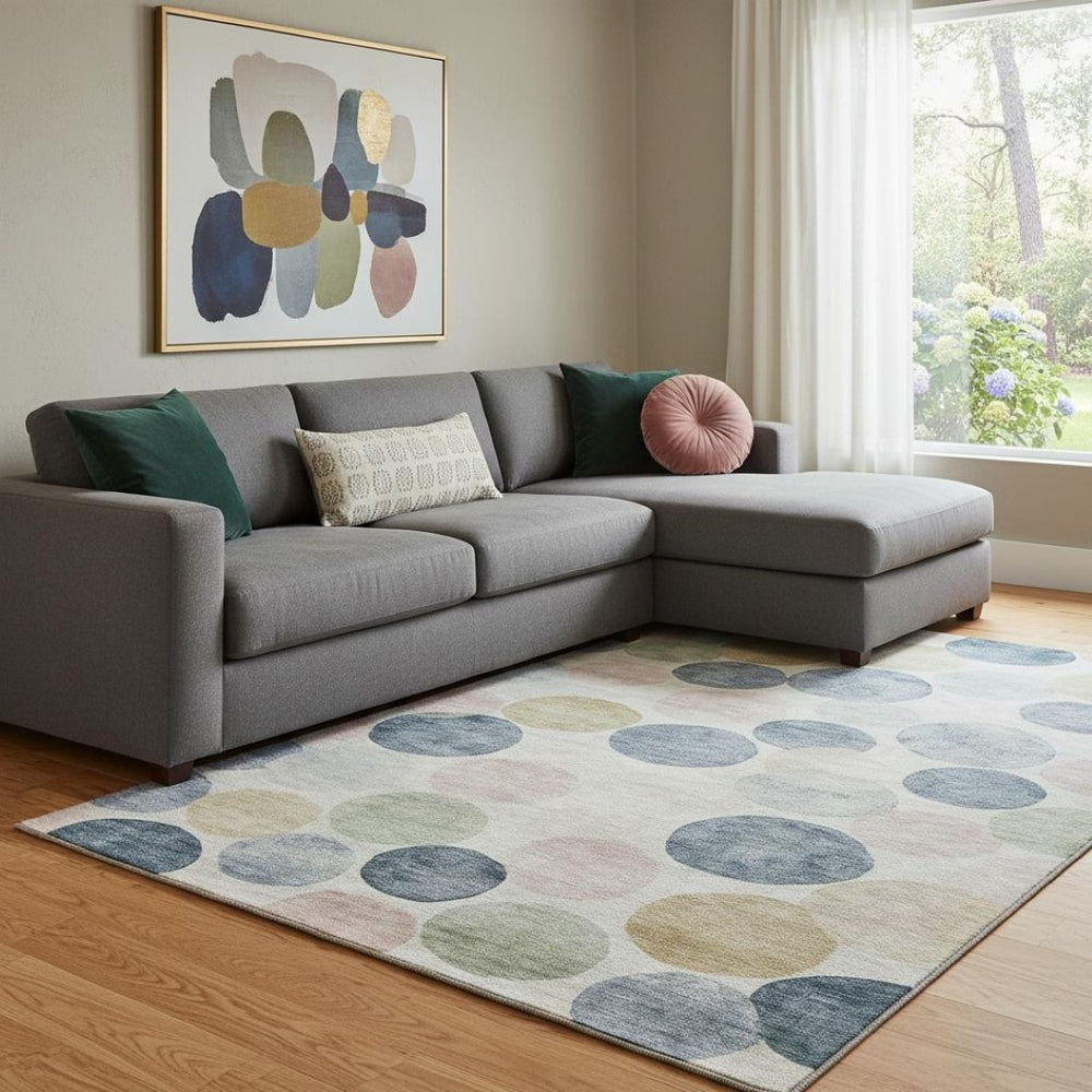 HomeRoots 9' Geometric Washable Area Rug in Beige, Blue & Wheat - UV Protected for Indoor/Outdoor Use 707388
