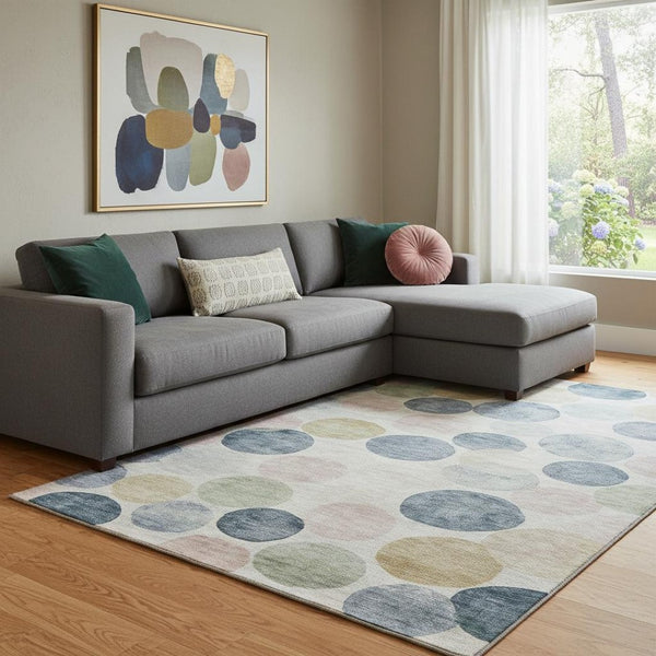 HomeRoots 9' Geometric Washable Area Rug in Beige, Blue & Wheat - UV Protected for Indoor/Outdoor Use 707388