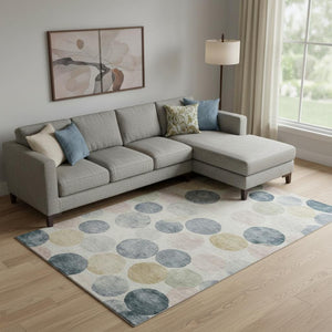 HomeRoots 10' Modern Geometric Washable Area Rug in Beige, Blue & Wheat with UV Protection for Easy Care 707389