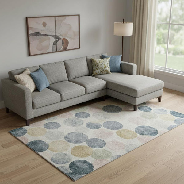 HomeRoots 10' Modern Geometric Washable Area Rug in Beige, Blue & Wheat with UV Protection for Easy Care 707389