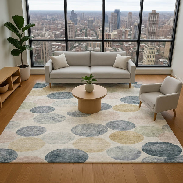 HomeRoots 10' Modern Geometric Washable Area Rug in Beige, Blue & Wheat with UV Protection for Easy Care 707389