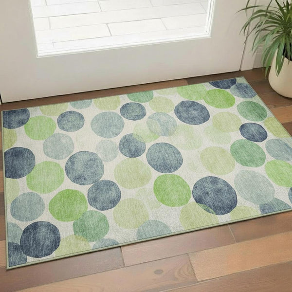 HomeRoots 5' X 8' Washable Navy Green Ivory Geometric Area Rug with UV Protection for Modern Spaces 707397