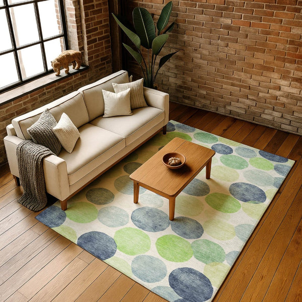 HomeRoots 5' X 8' Washable Navy Green Ivory Geometric Area Rug with UV Protection for Modern Spaces 707397