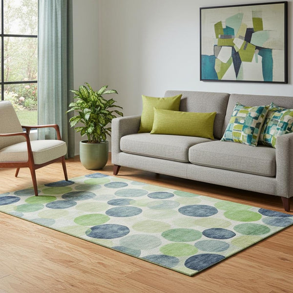 HomeRoots 8' Stylish Navy, Green & Ivory Geometric Washable Round Rug – UV Protected, Non-Slip, Easy Care! 707398