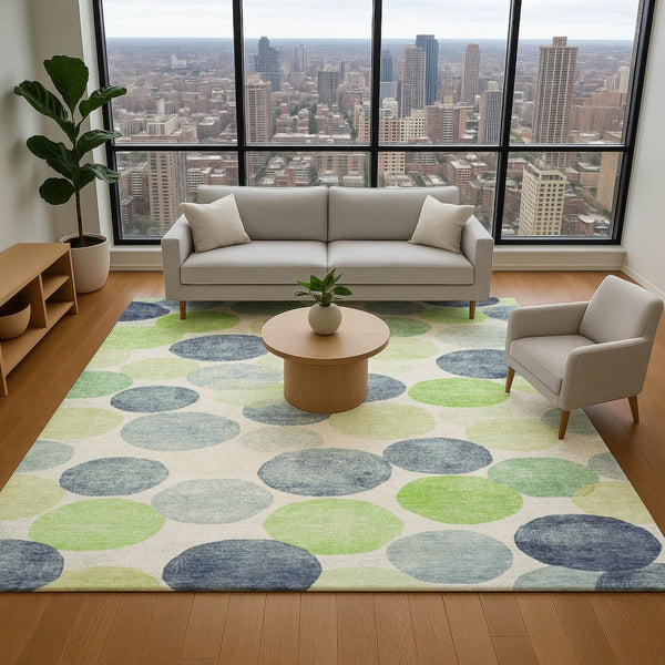 HomeRoots 8' Stylish Navy, Green & Ivory Geometric Washable Round Rug – UV Protected, Non-Slip, Easy Care! 707398