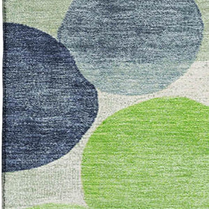 HomeRoots 8' Stylish Navy, Green & Ivory Geometric Washable Round Rug – UV Protected, Non-Slip, Easy Care! 707398