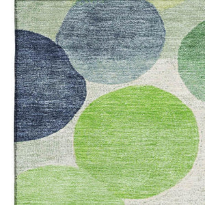 HomeRoots 8' Stylish Navy, Green & Ivory Geometric Washable Round Rug – UV Protected, Non-Slip, Easy Care! 707398