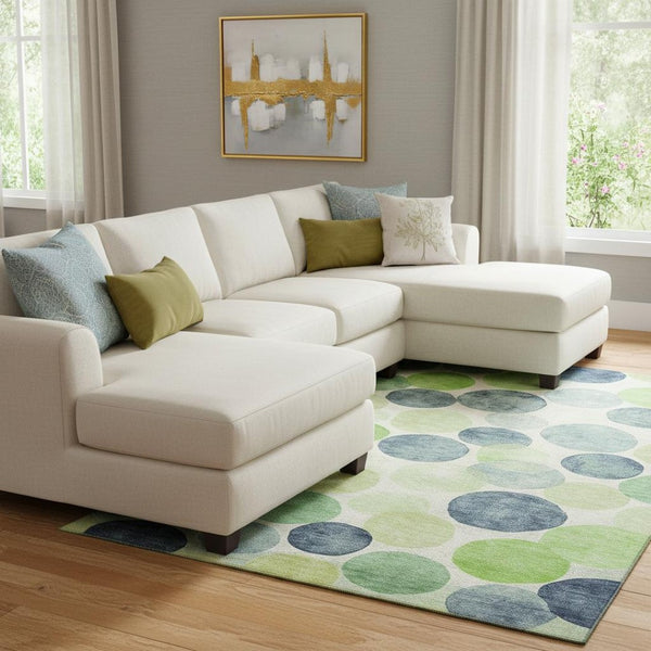 HomeRoots 9' X 12' Geometric Area Rug in Navy, Green & Ivory - Washable, UV-Protected, Stain-Resistant Design! 707400