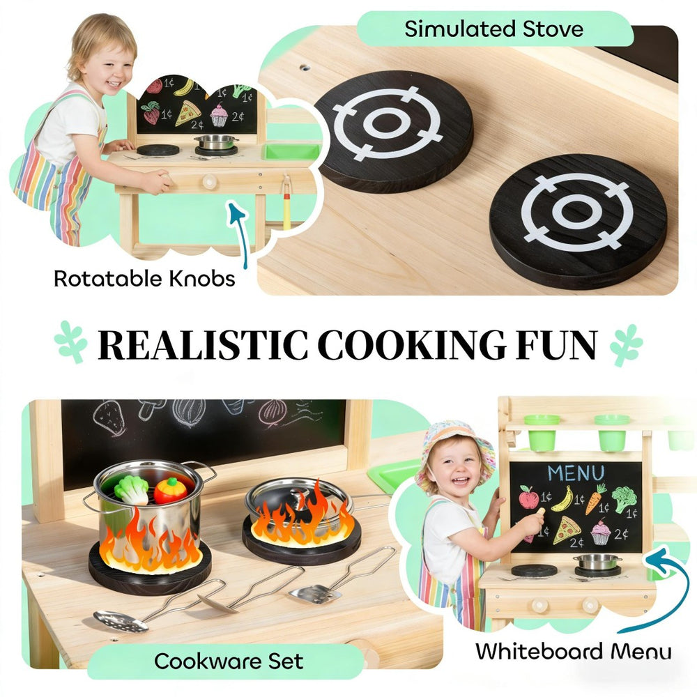 English Elm Wooden Fir Outdoor Play Kitchen for Kids with Dual Sinks Blackboard and 15 Accessories T3971P480683