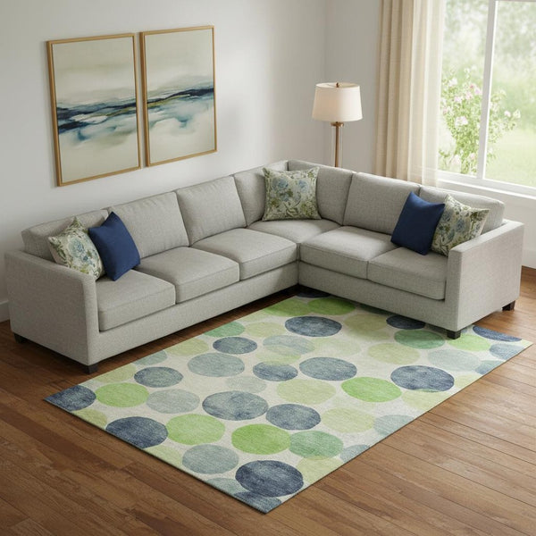 HomeRoots 10' X 14' Washable Geometric Area Rug in Navy, Green & Ivory - UV Protected, Stain-Resistant Style! 707401
